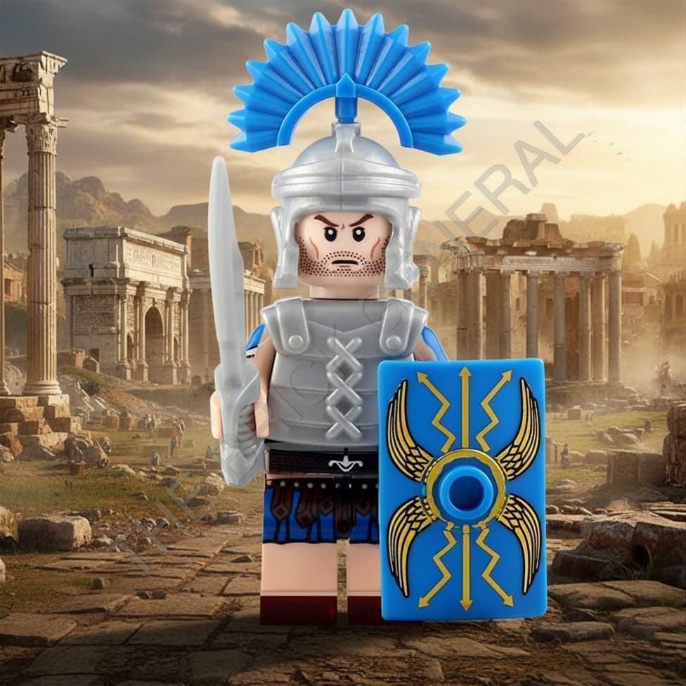 Roman Centurion Minifigure - Blue Shield Silver Armor building brick minifigure — view 1