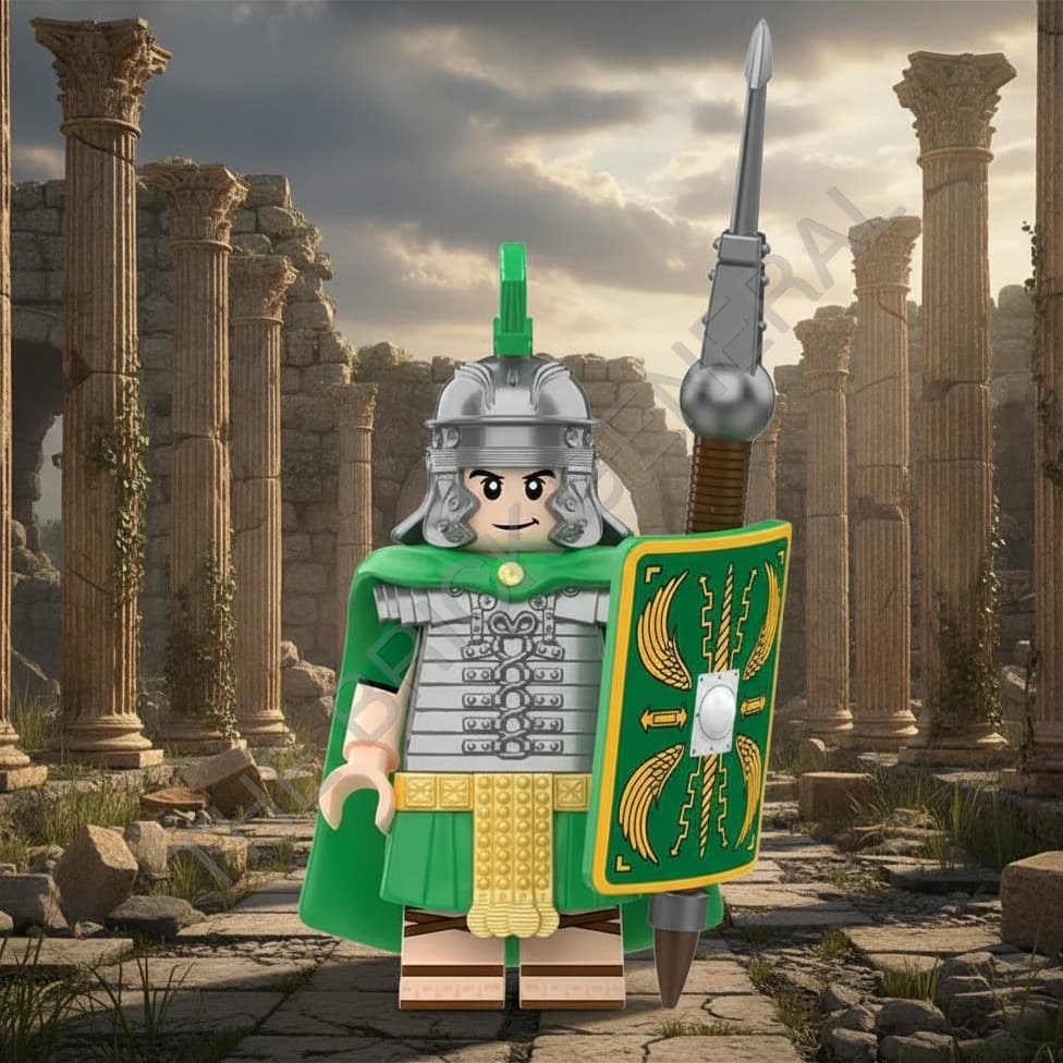 Roman Heavy Infantry - Green Cape and Shield building brick minifigure — view 1