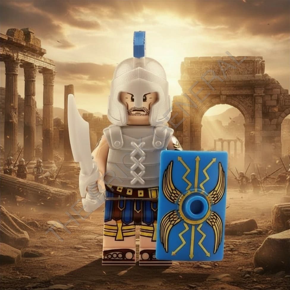 Roman Soldier - Blue Shield Silver Armor building brick minifigure — view 1